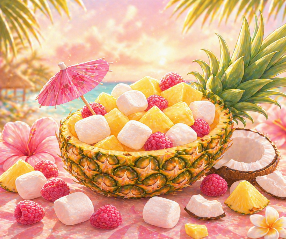 PINEAPPLE FLUFF - A dreamy blend of Pineapple Sugar - Inspired by Ulyka Nota Sugar and marshmallow cream, kicks off with a sugary explosion of caramelized pineapple and tropical apple, mixed with a creamy infusion of coconut, marshmallow cream and a touch of warm vanilla. Wild raspberry brings in a sharp fruity layer, balanced by the nutty sweetness of almond praline. The scent deepens with smooth tonka bean and musk, while a hint of heliotrope adds a subtle floral powderiness. Available in Perfume Oil, Bod
