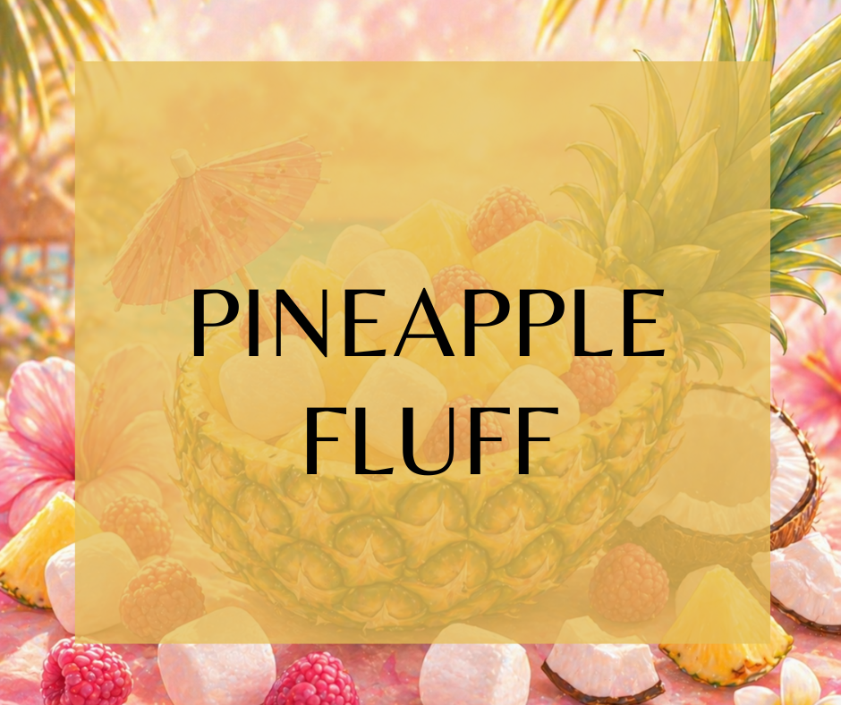 PINEAPPLE FLUFF - A dreamy blend of Pineapple Sugar - Inspired by Ulyka Nota Sugar and marshmallow cream, kicks off with a sugary explosion of caramelized pineapple and tropical apple, mixed with a creamy infusion of coconut, marshmallow cream and a touch of warm vanilla. Wild raspberry brings in a sharp fruity layer, balanced by the nutty sweetness of almond praline. The scent deepens with smooth tonka bean and musk, while a hint of heliotrope adds a subtle floral powderiness. Available in Perfume Oil, Bod