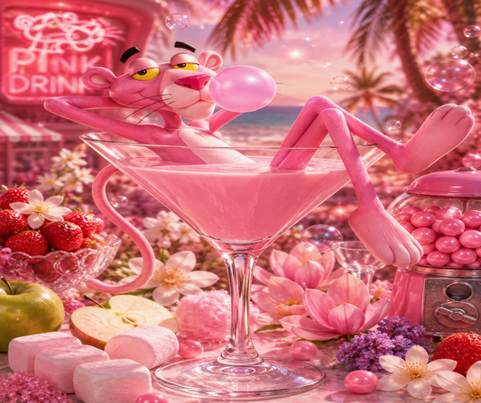 PINK DRINK - Inspired by House of Sillage Pink Panther - A mischievous swirl of sweetness, bursting with tempting strawberry, crisp apple, and the nostalgic pop of bubble gum - just as smooth and cheeky as a certain sleek, pink-furred feline on a carefree adventure. Delicate orange blossom, creamy heliotrope, and soft magnolia petals bloom at its core, adding a touch of dreamy refinement before melting into a delectable base of fluffy marshmallow, spun sugar, and soft musk. A flirty, playful scent. 
  Avail