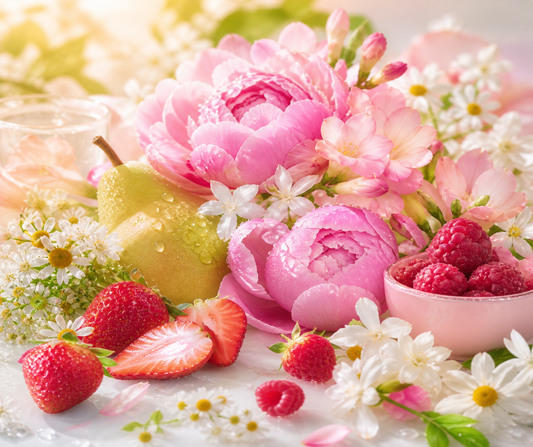 SUMMER LOVE - Strawberry and pear meet pink peony and jasmine tea for a fresh, fruity escape. Raspberry mist, chamomile, white musk, and amber wrap it all up in a warm, cozy finish, pure summer sweetness in a bottle.  Available in Perfume Oil, Body Spray, Body Oil & Lotion