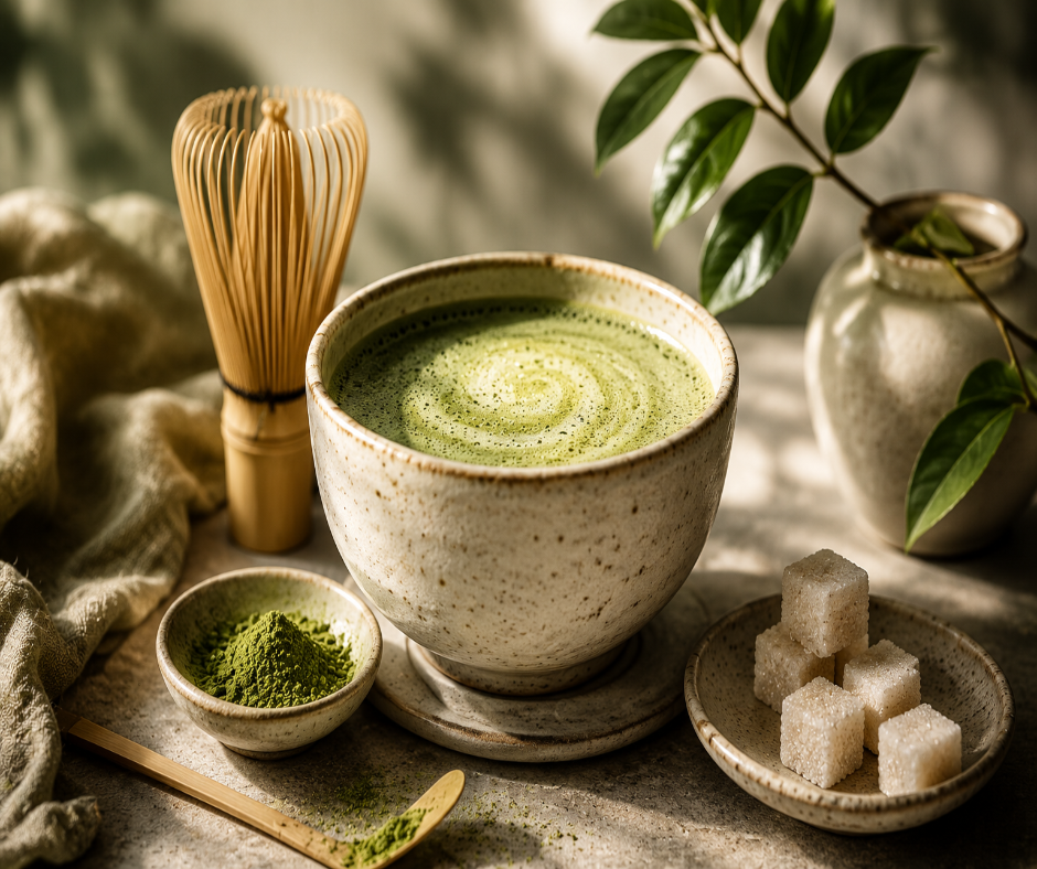 TEA & SUGAR - Inspired by Phlur Matcha Milk - A comforting blend of creamy matcha, black tea, vanilla, and delicate sugar, softened with warm amber and musk for a cozy café-inspired finish. Available in Perfume Oil, Body Spray, Body Oil, and Lotion.