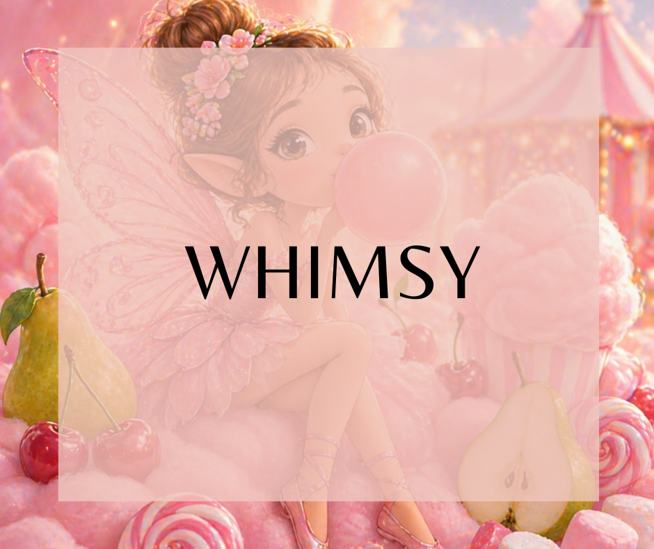 WHIMSY - Where rogue pixie (Inspired by Lush Snow Fairy), meets marshmallow cream, fresh vanilla &amp; a touch of bubble gum! A beautiful candy-sweet combination of pear, cotton candy, marshmallow cream, vanilla and cherry, and bubble gum. Available in Perfume Oil, Body Spray, Body Oil & Lotion
